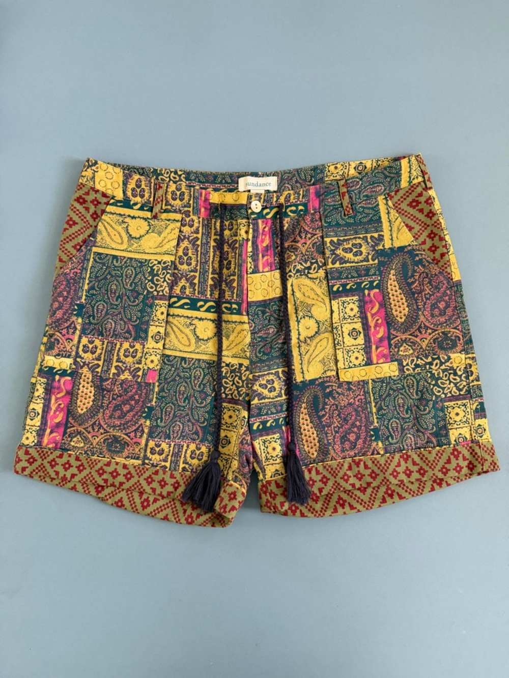NWT Sundance Kalini Patchwork Linen Cotton Boho Tassel Tie‎ Yellow Shorts